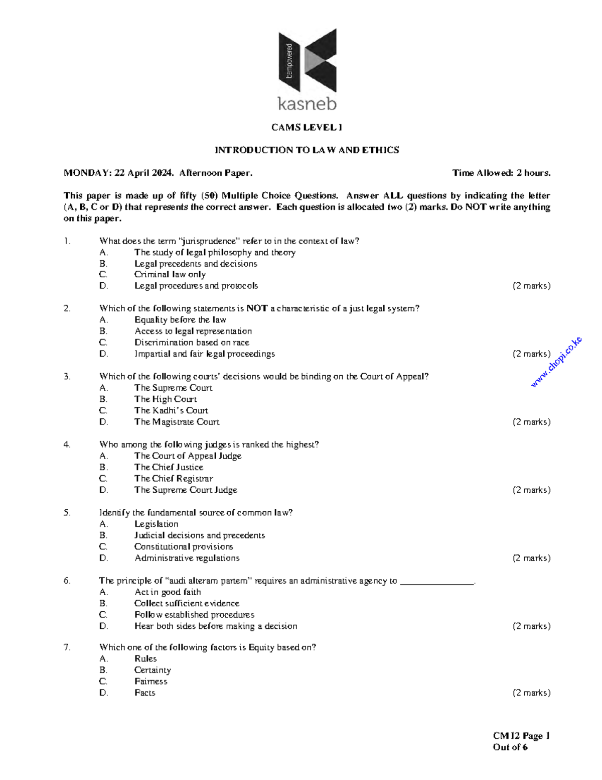 CAMS LEVEL I: Past Papers on Law & Ethics Multiple Choice Questions ...