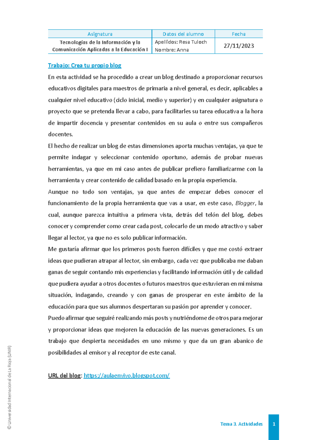 UNIR: Creación de un Blog Educativo para Maestros de Primaria - Studocu