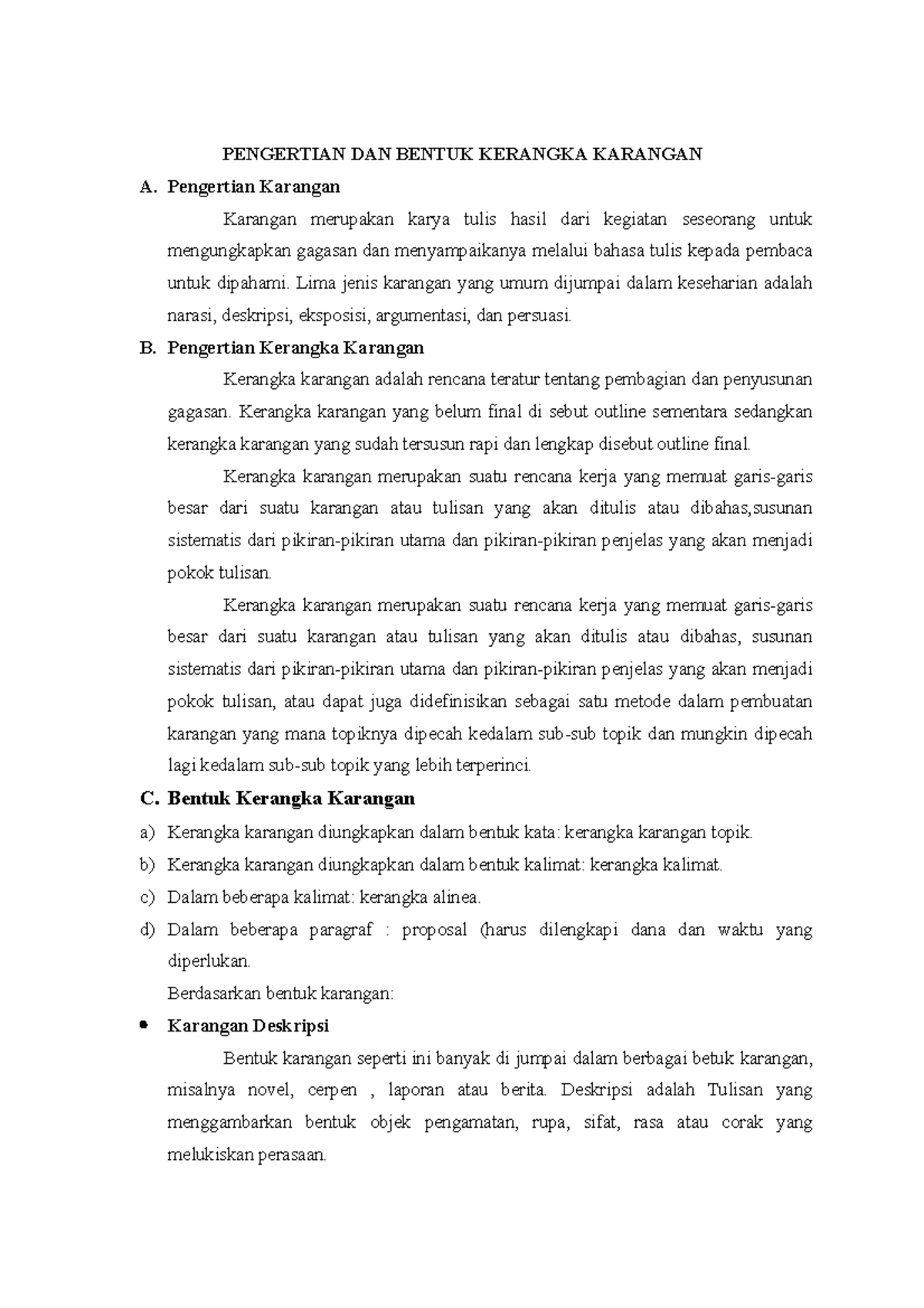 Pengertian dan Bentuk Kerangka Karangan dalam Penulisan Karangan - Studocu