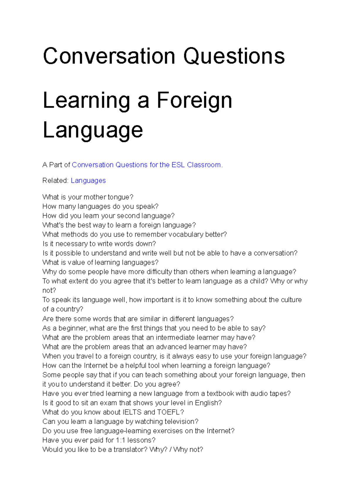 Practice Questions - Conversation Questions Learning a Foreign Language ...