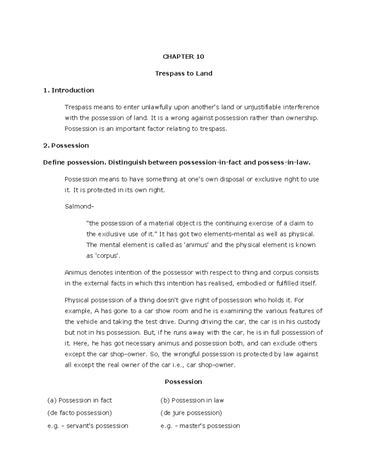 CHAPTER 10: Trespass to Land - Law of Tort Notes - Studocu