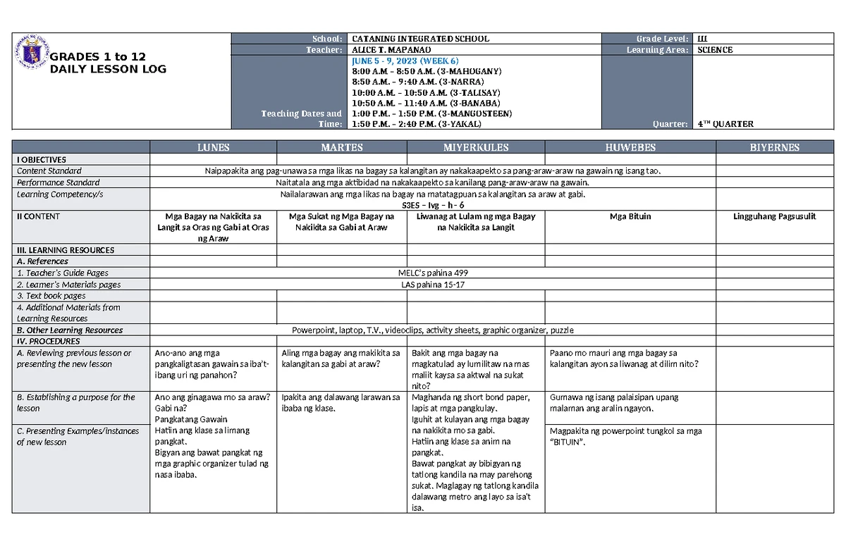 Grade 3 DLL ESP 3 Q4 Week 8 Lesson Plan and Activities - Studocu