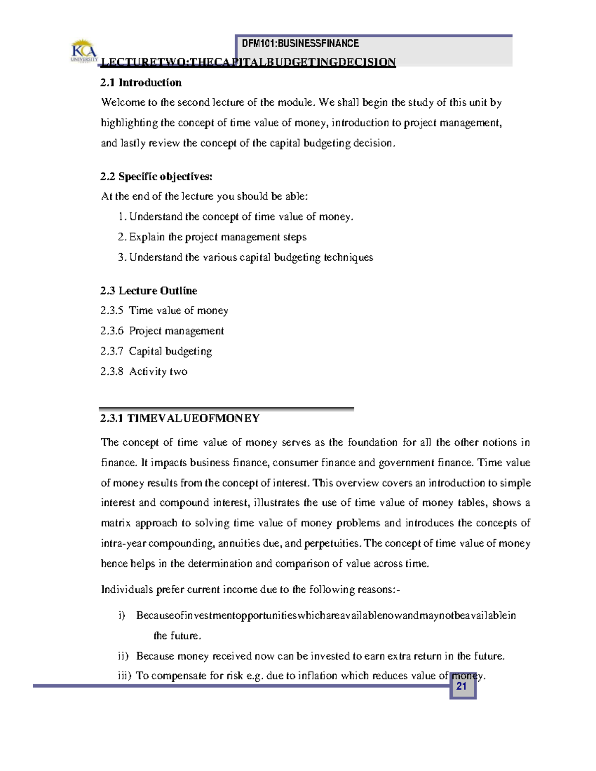 DFM101: Business Finance Lecture 2 - Capital Budgeting Decisions - Studocu
