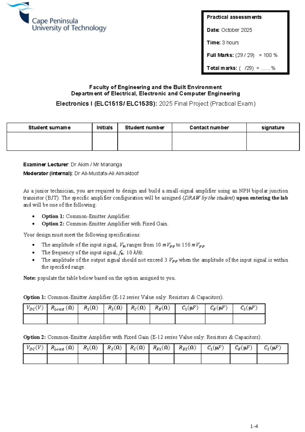 2025 Final Practical Exam: Amplifier Design ELC153S - Studocu