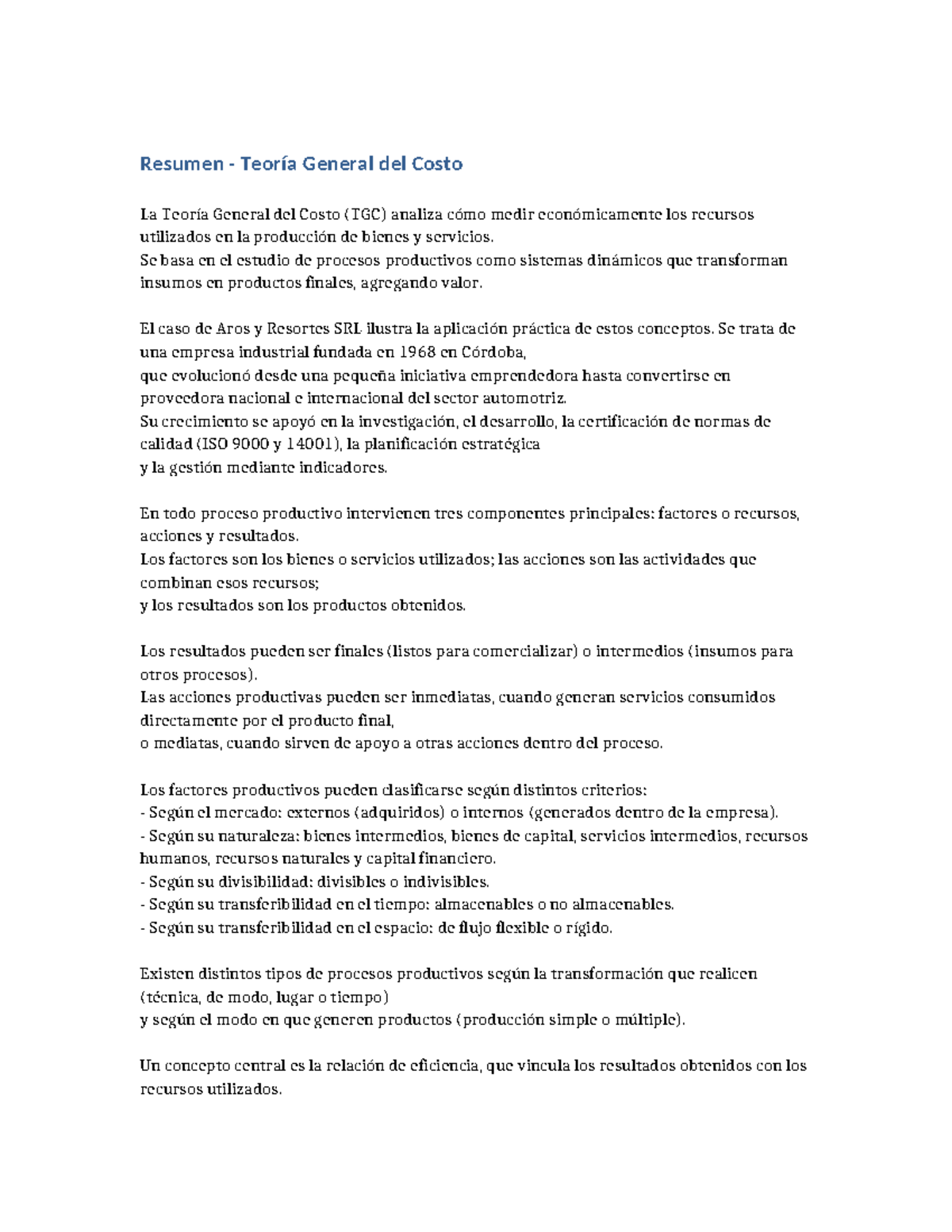 Resumen de la Teoría General del Costo (TGC) y su Aplicación - Studocu