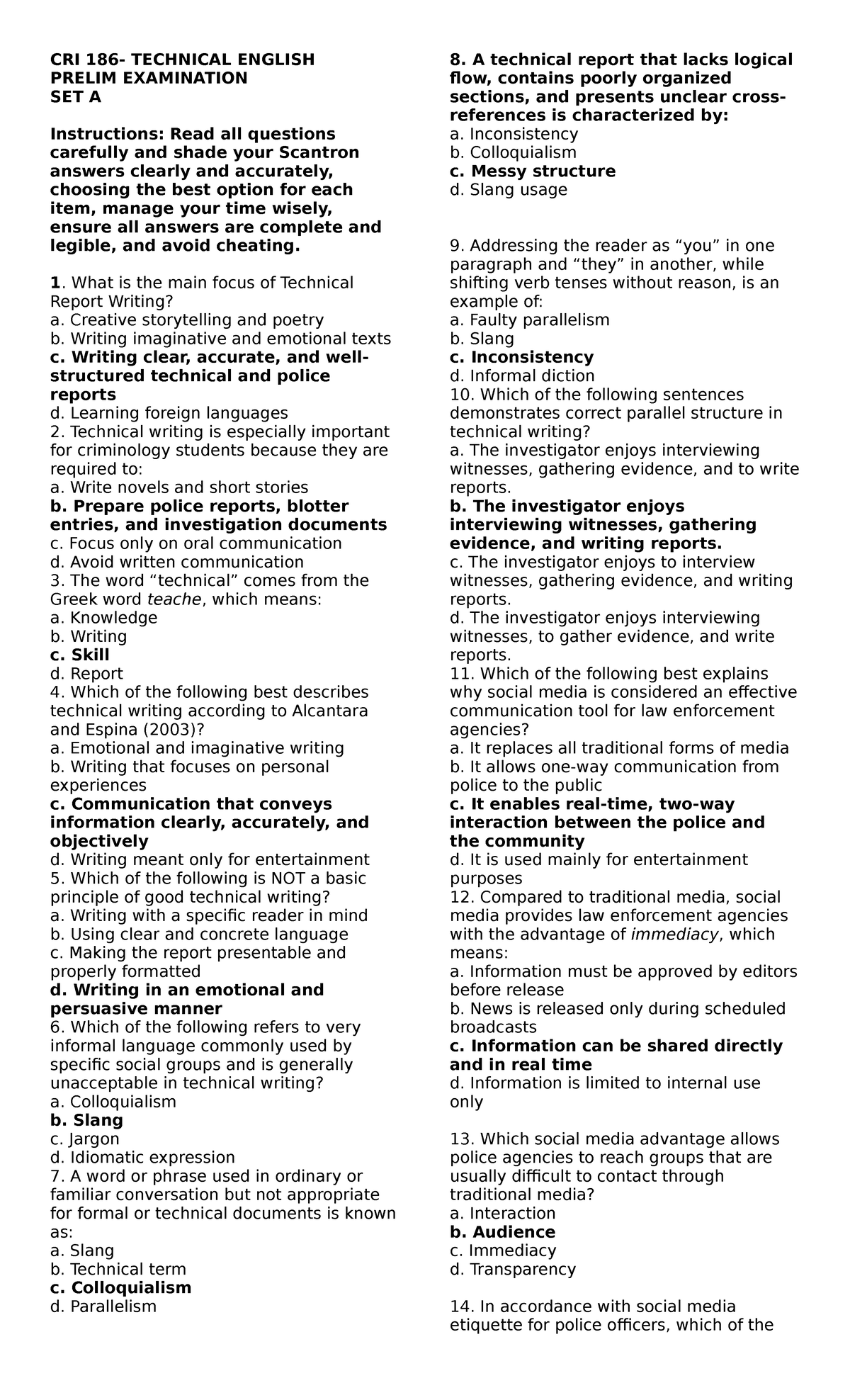 CRI 186 Technical English Prelim Exam Set A & B with Answers - Studocu