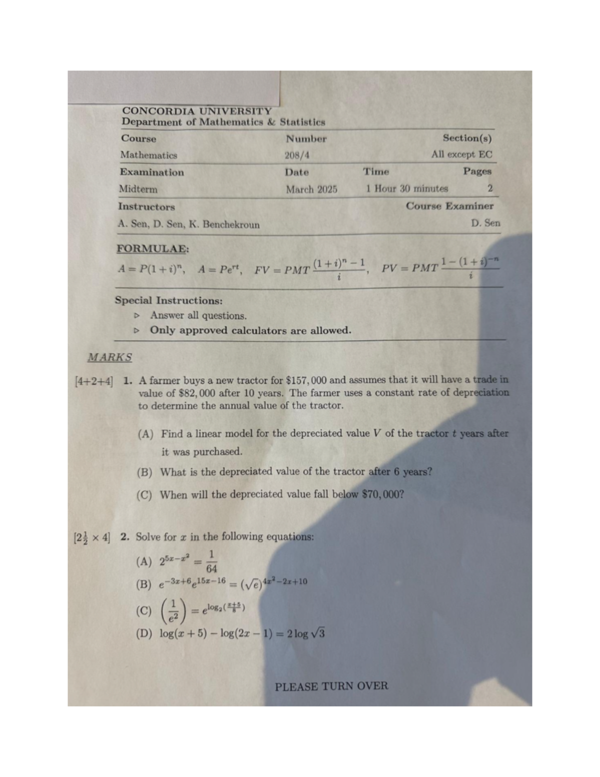 math 208 midterm - CONCORDIA UNIVERSITY Department of Mathematics ...
