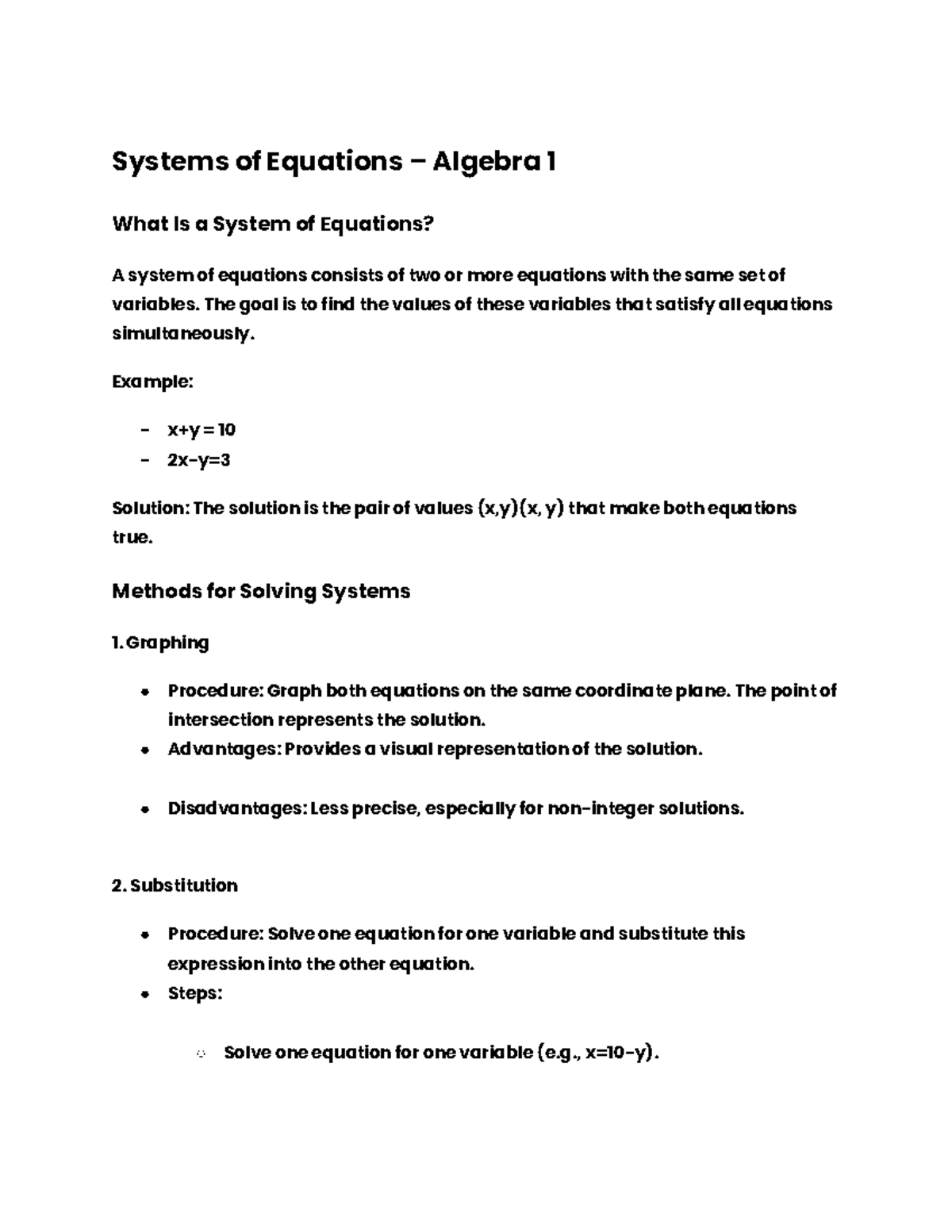 Algebra 1: Understanding Systems of Equations and Their Solutions - Studocu