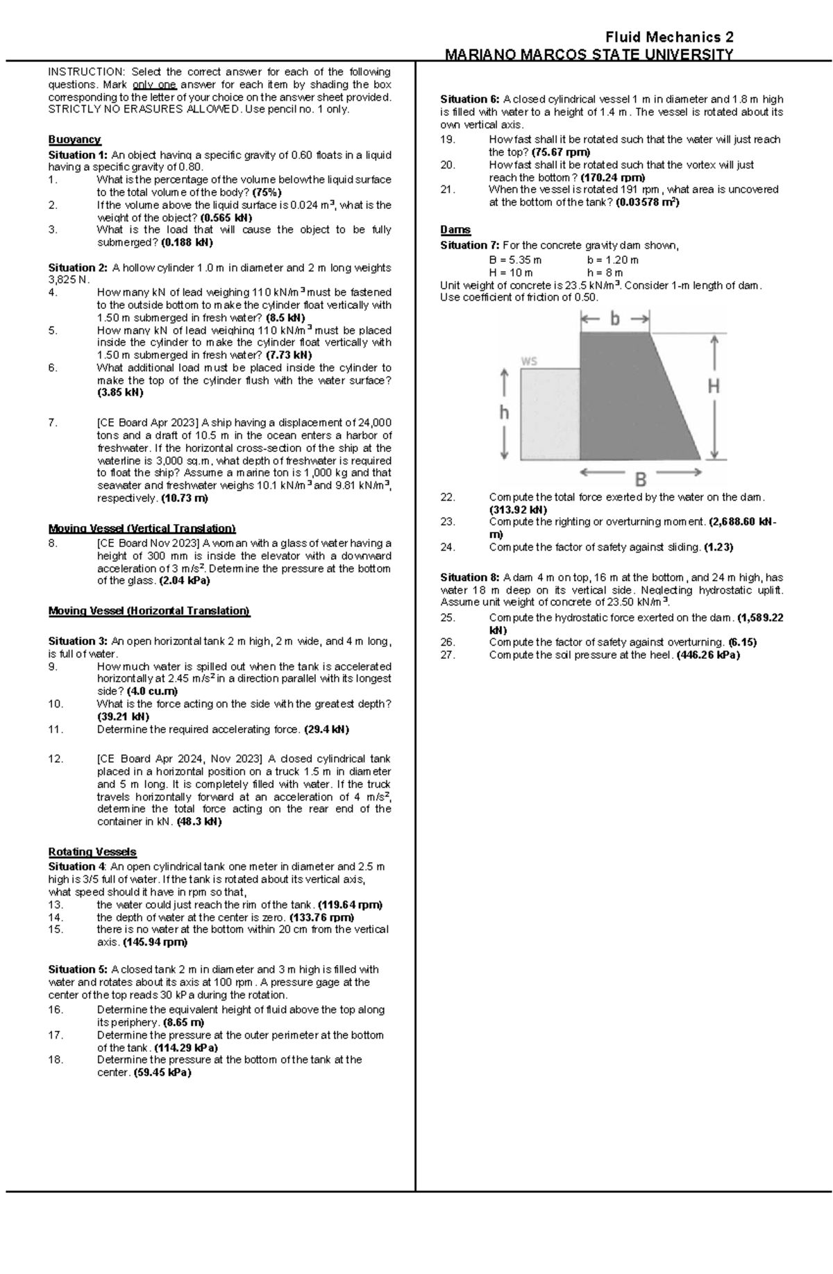 MMSU-Fluid Mechanics 2: Buoyancy, Pressure, and Dams Exam Review - Studocu