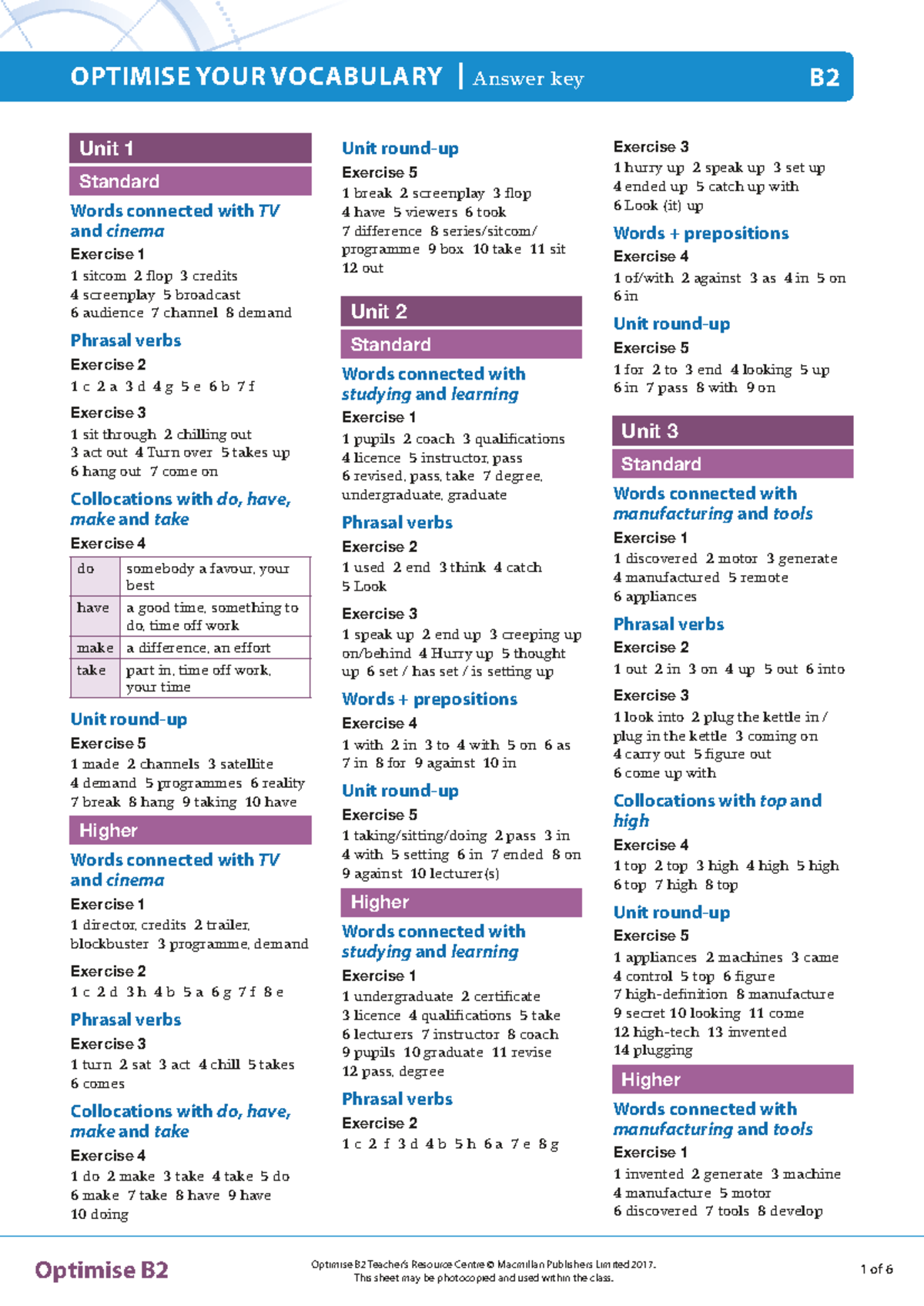 Optimise Your Vocabulary: Answer Key for B2 Units 1-11 - Studocu