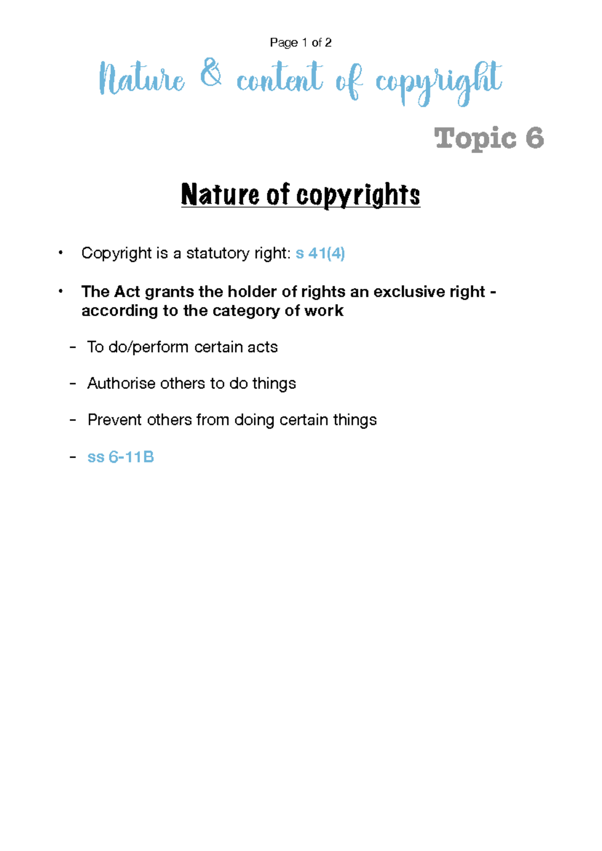 Nature & Content of Copyright: Understanding Statutory Rights - Studocu