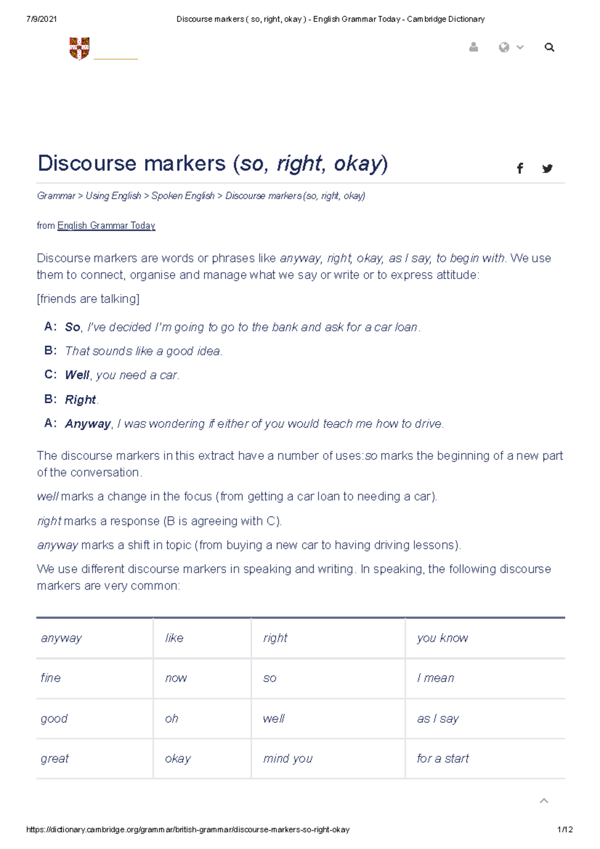 Discourse Markers (So, Right, Okay) - English Grammar Overview - Studocu