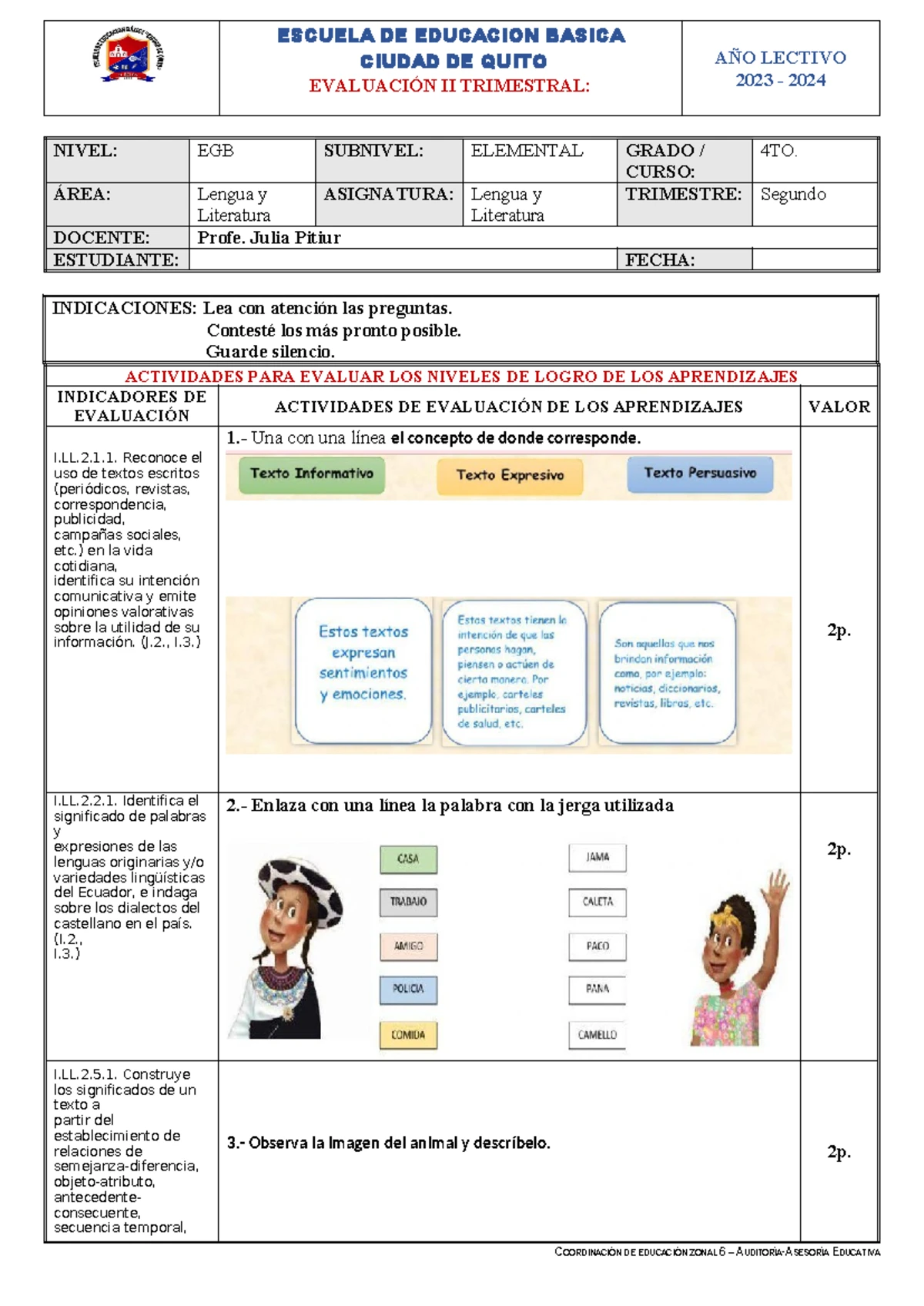Evaluación Trimestral de Lengua y Literatura - 4TO - Ciclo 2023-2024 ...
