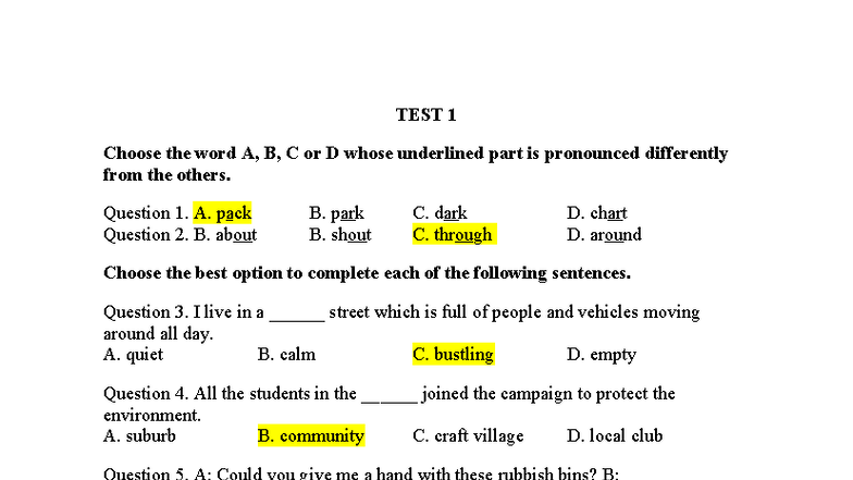 TEST 1 - GLBS9 - Pronunciation and Sentence Completion Exercises - Studocu
