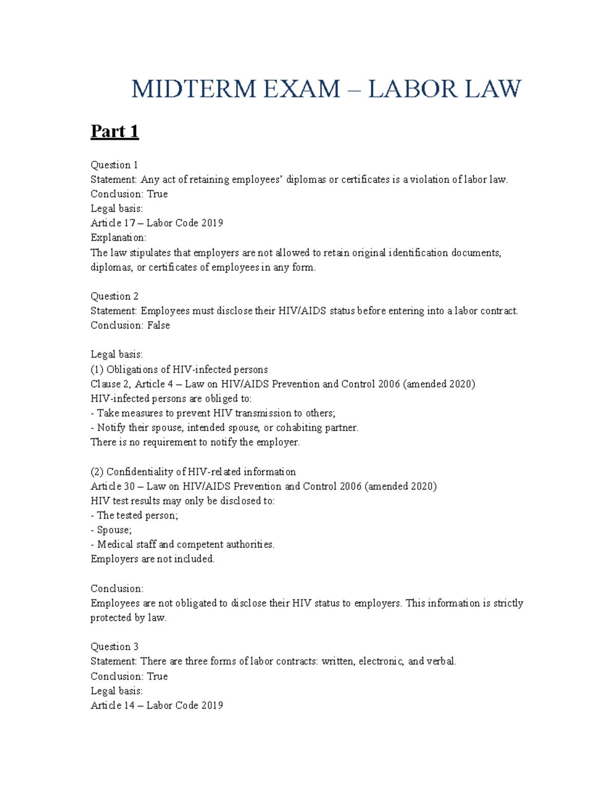 Labor Law Midterm Exam - Key Questions & Case Studies - Studocu