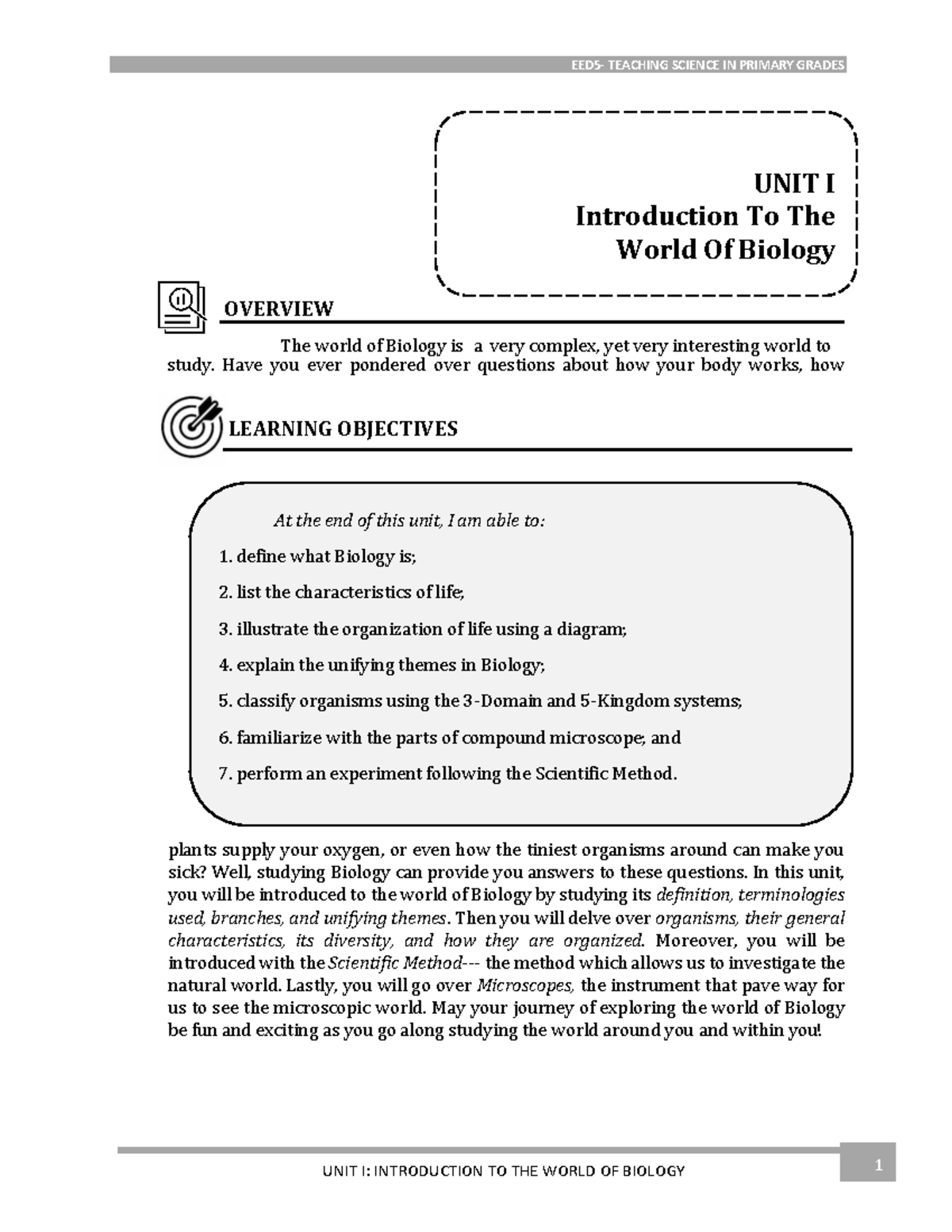 EED-5 Unit 1: Intro to the World of Biology and Key Concepts - Studocu