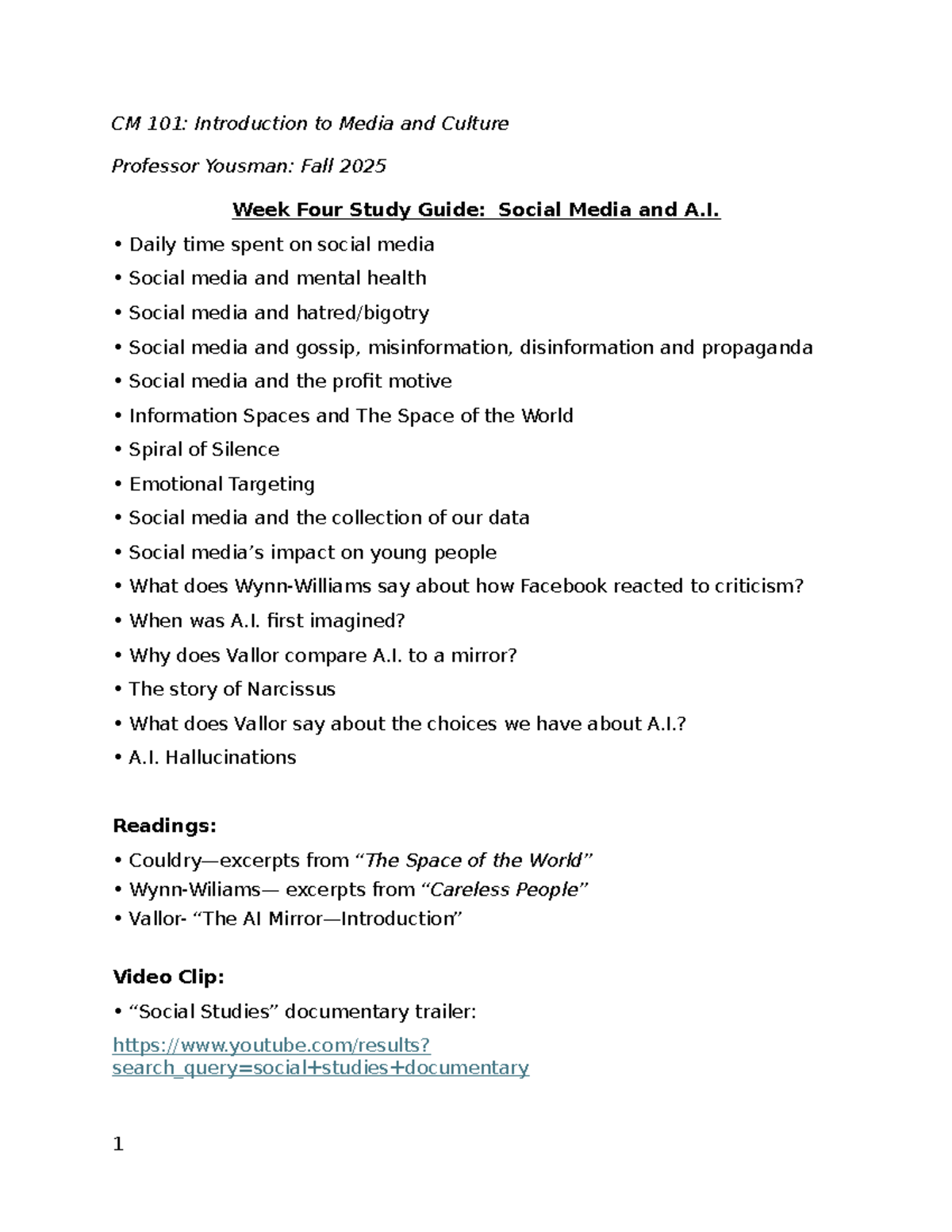 CM 101: Fall 2025 Week 4 Study Guide on Social Media & A.I. - Studocu