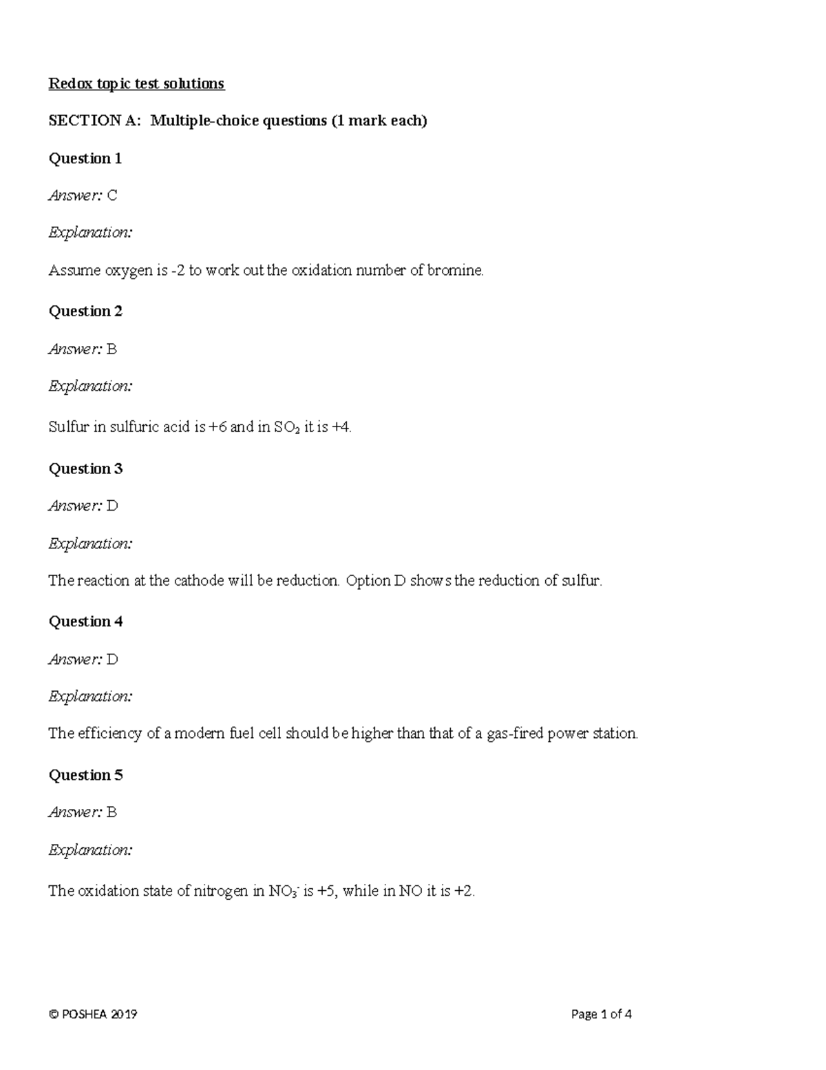 POSHEA 2019 Chemistry Redox Topic Test Solutions - Studocu