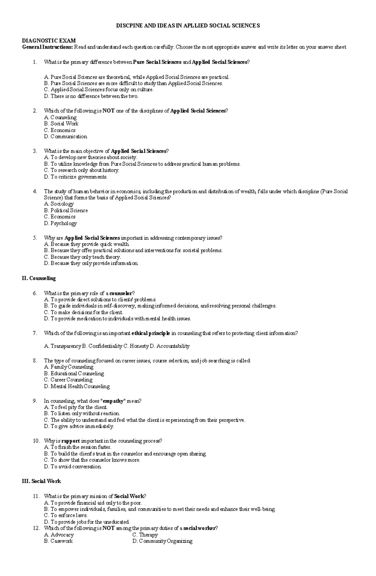 DISCP 101: Diagnostic Exam on Applied Social Sciences Concepts - Studocu