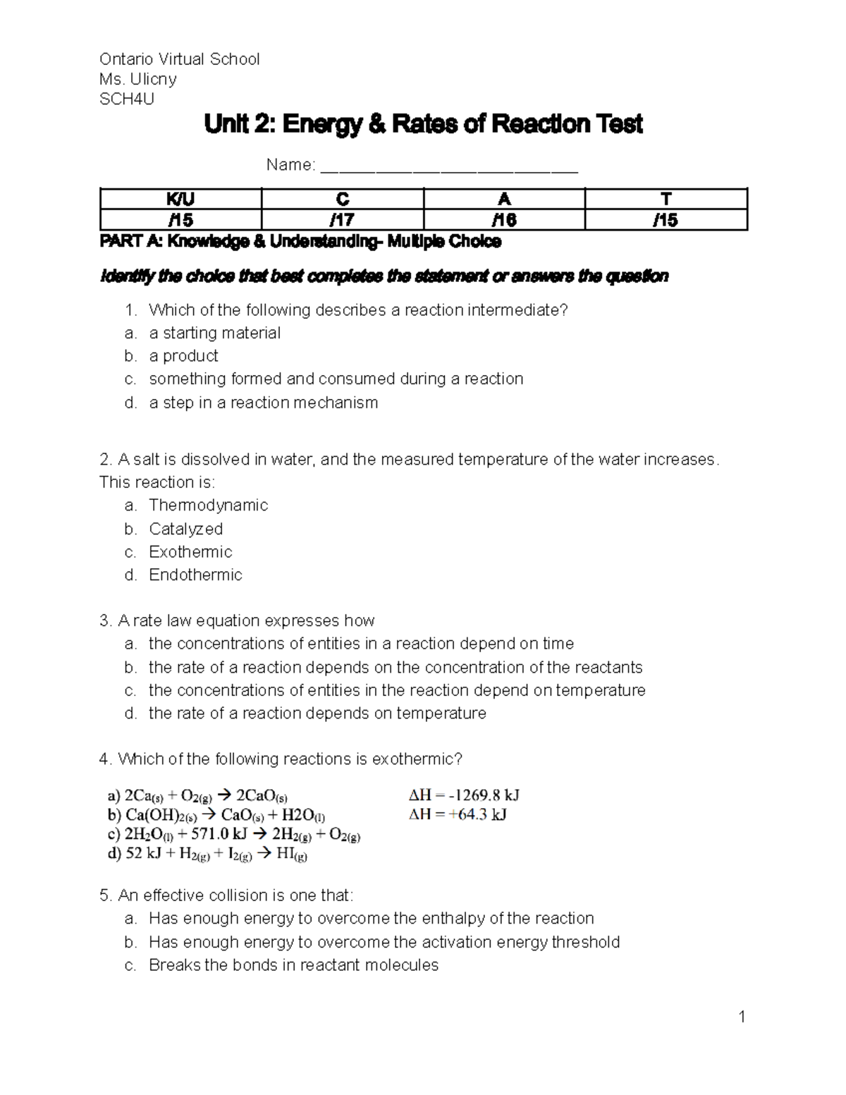 Ontario Virtual School Ms. Ulicny SCH4U Unit 2: Energy and Rates of ...