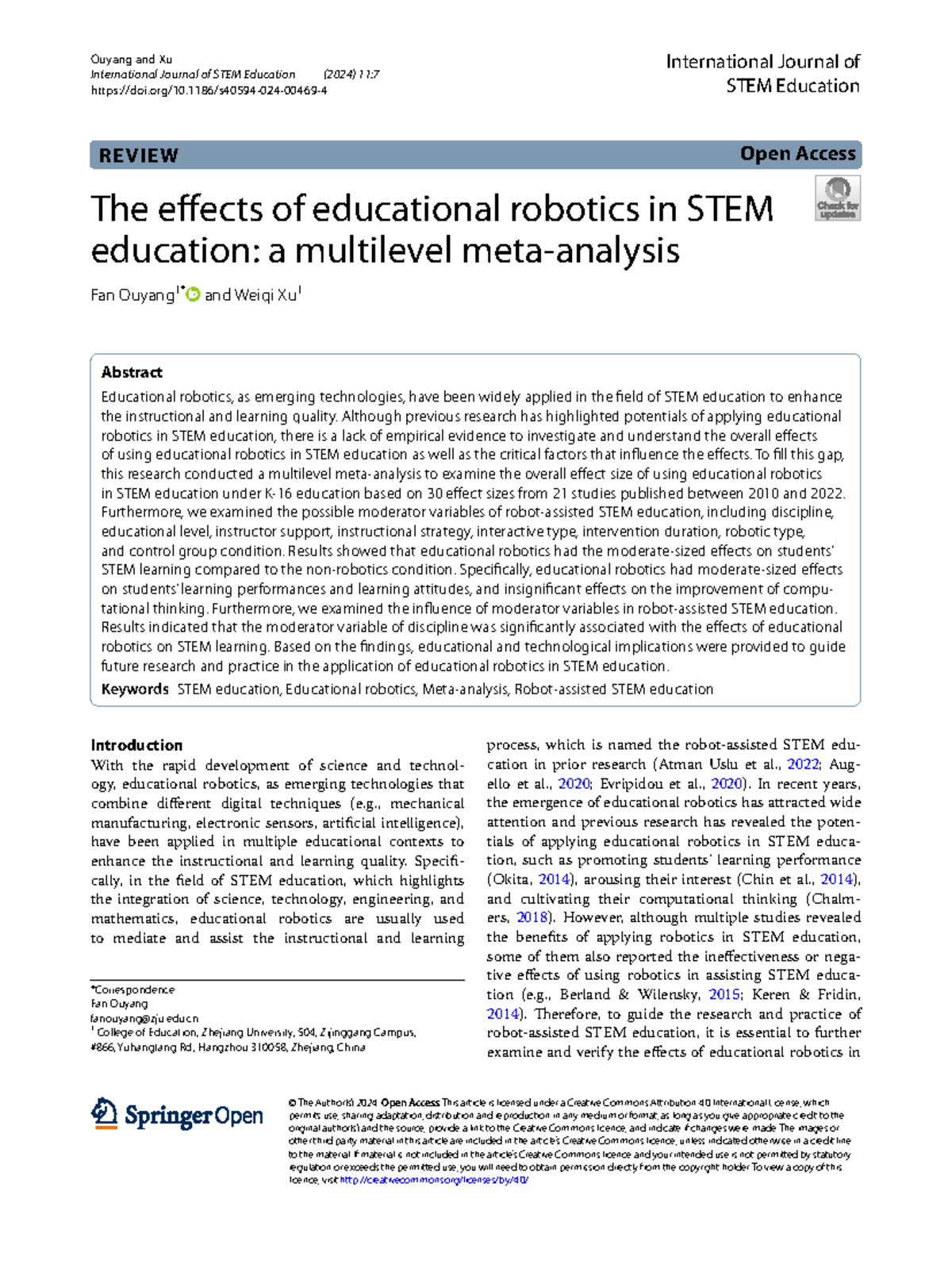 The Effects of Educational Robotics in STEM Education: A Multilevel ...
