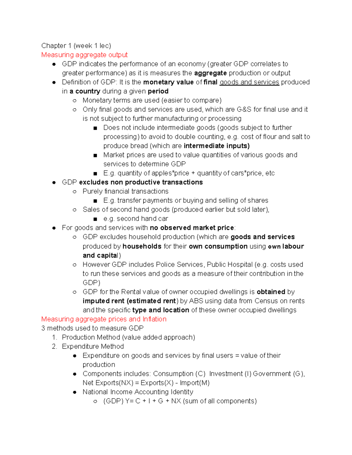 Econ1102 Lecture Notes Chapter 1 Measuring Gdp And Economic
