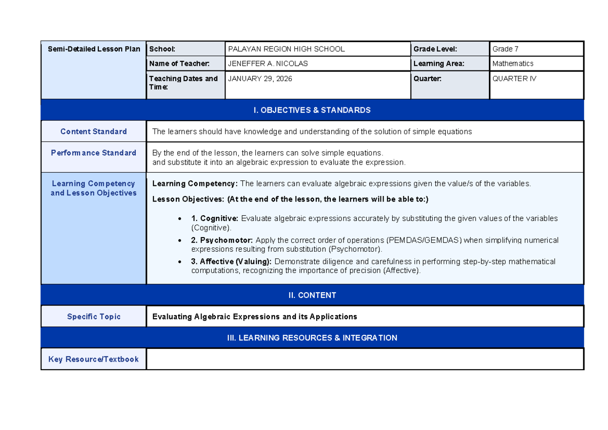 DLP Mathematics G7: Evaluating Algebraic Expressions Lesson Plan - Studocu