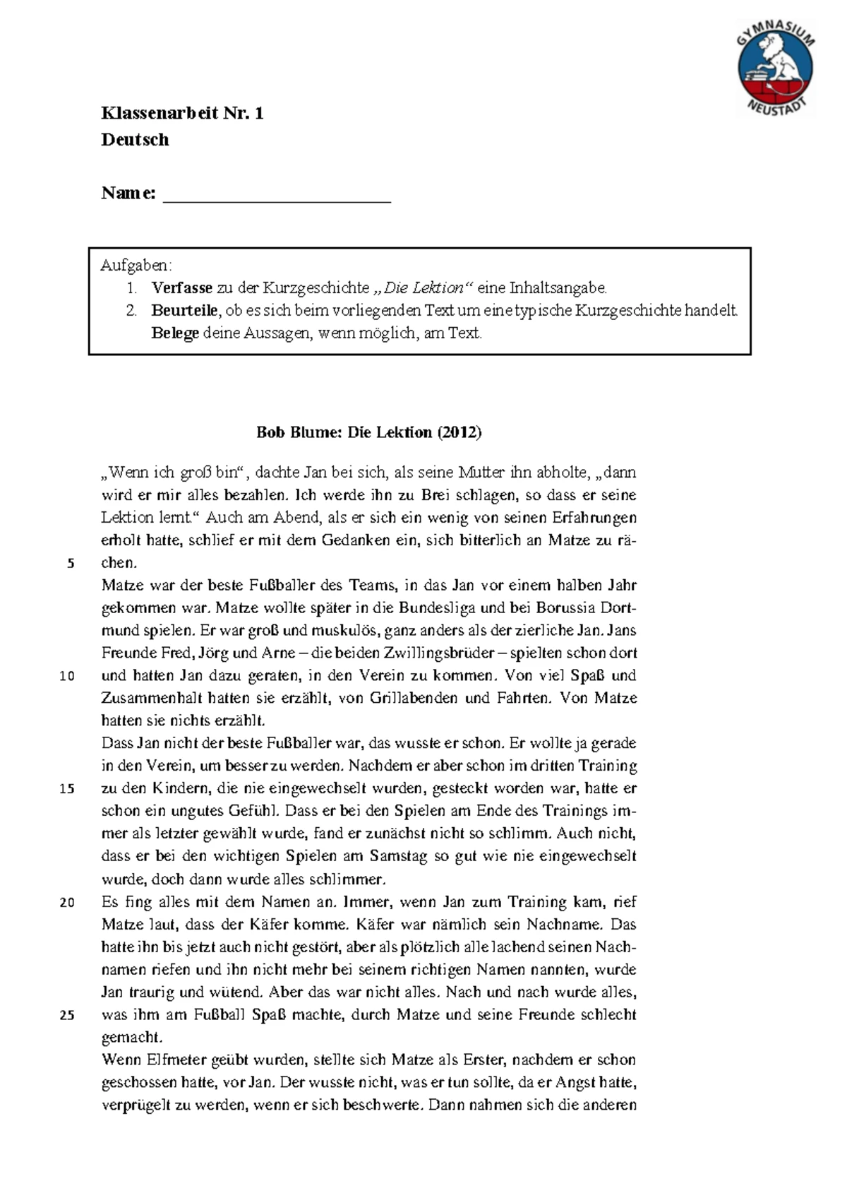 Klassenarbeit für die Klasse 8 - Materialgestütztes Argumentieren