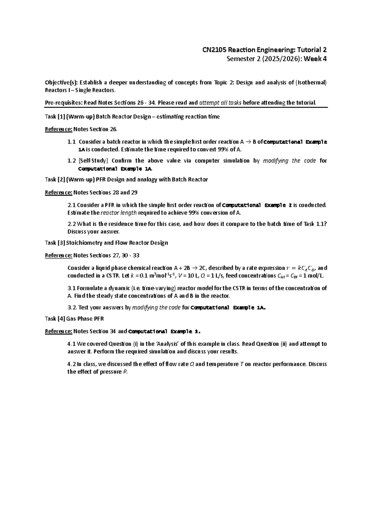 CN2105 Reaction Engineering: Tutorial 2 - Week 4 Tasks and Concepts ...
