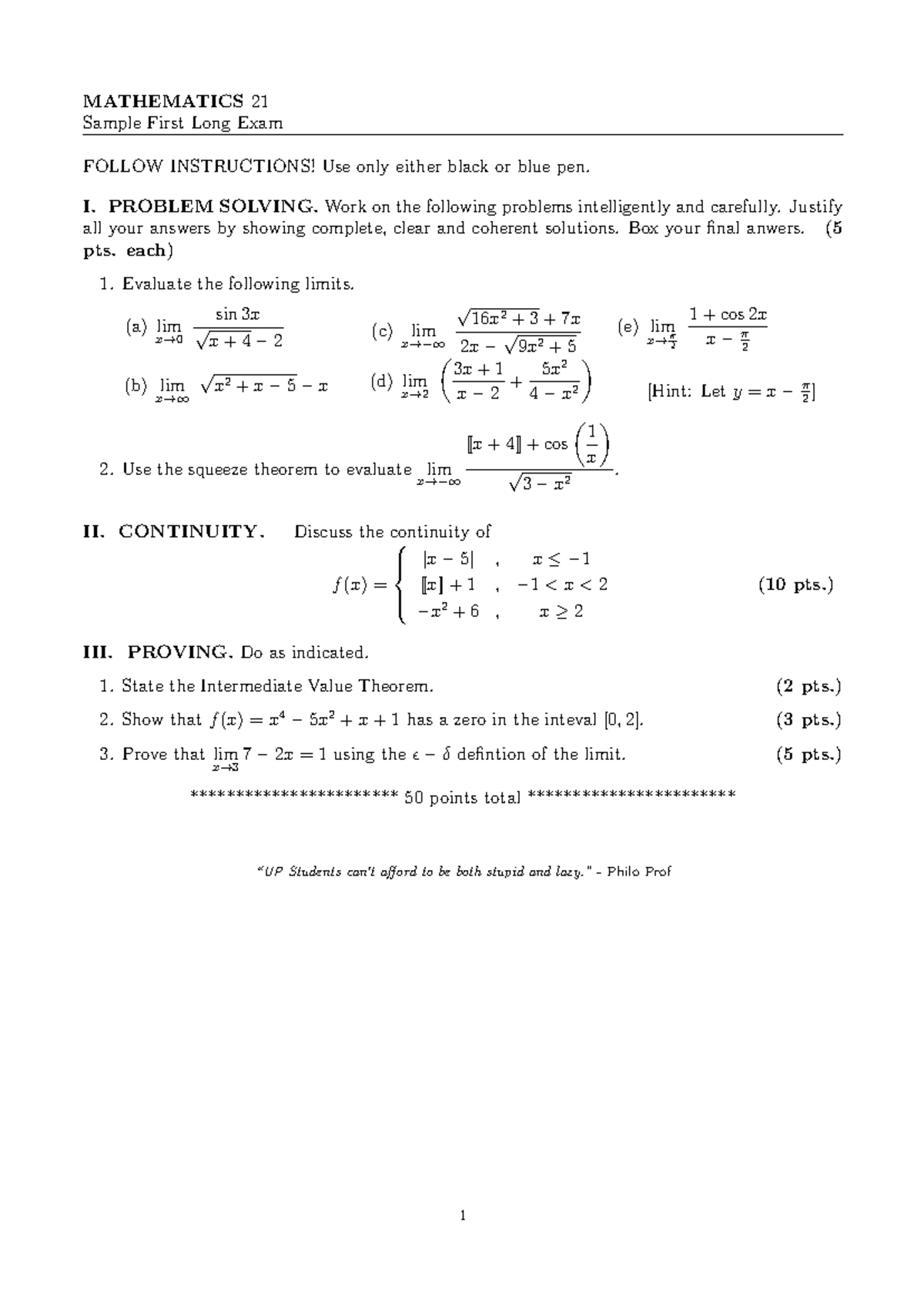 MATHEMATICS 21: Sample First Long Exam on Limits and Continuity - Studocu