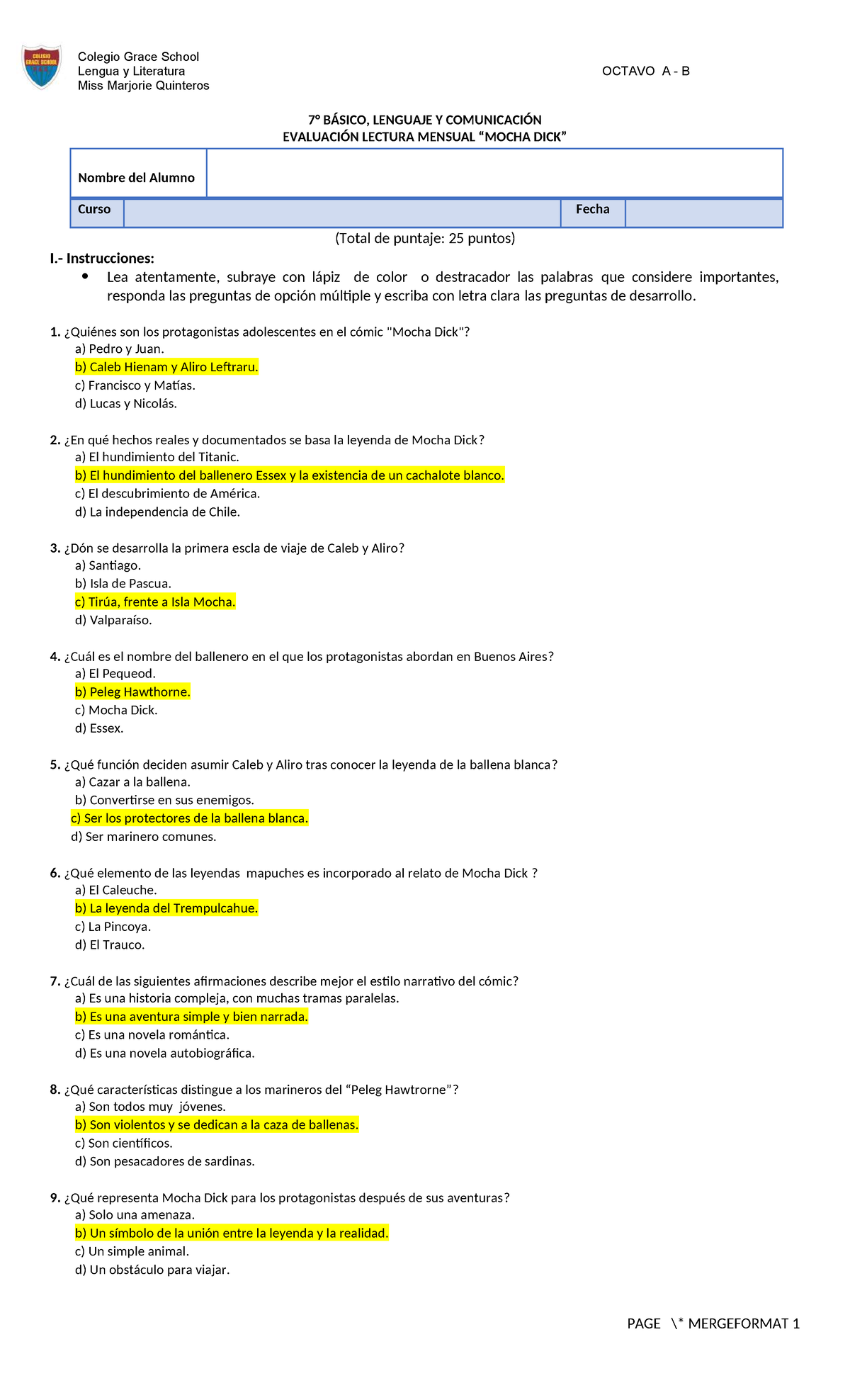 Evaluación Mensual: Respuestas Prueba Mocha Dick - Lengua 7° B - Document Preview