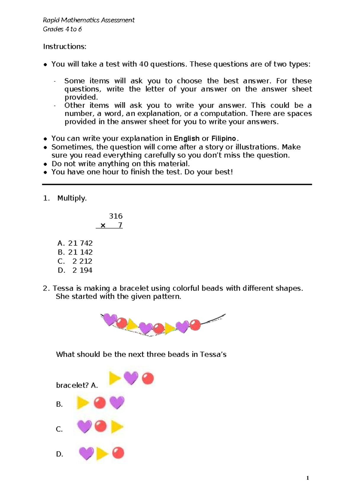 Rapid Mathematics Assessment (Grades 4-6) Test Instructions - Studocu
