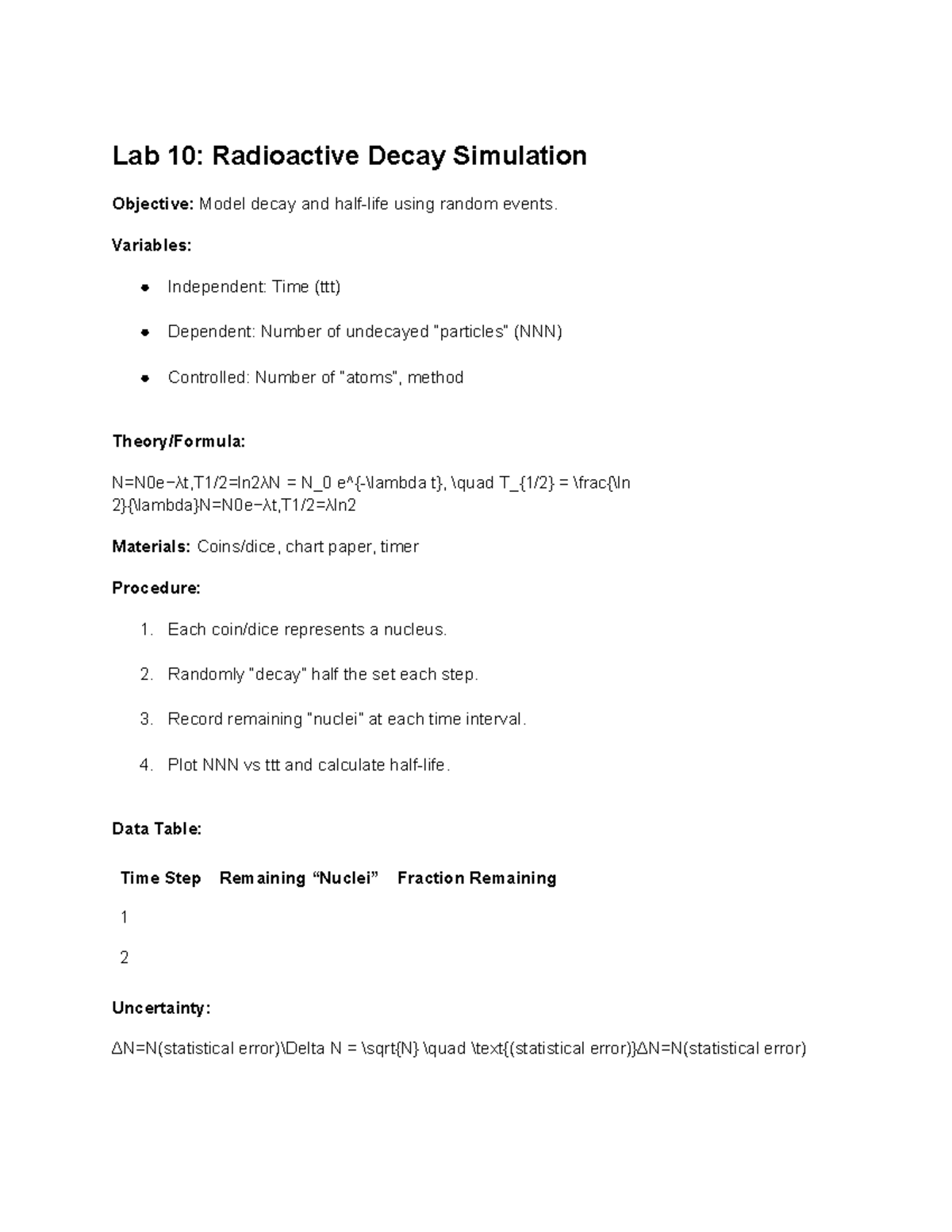 Lab 10 Radioactive Decay Simulation - Lab 10: Radioactive Decay ...