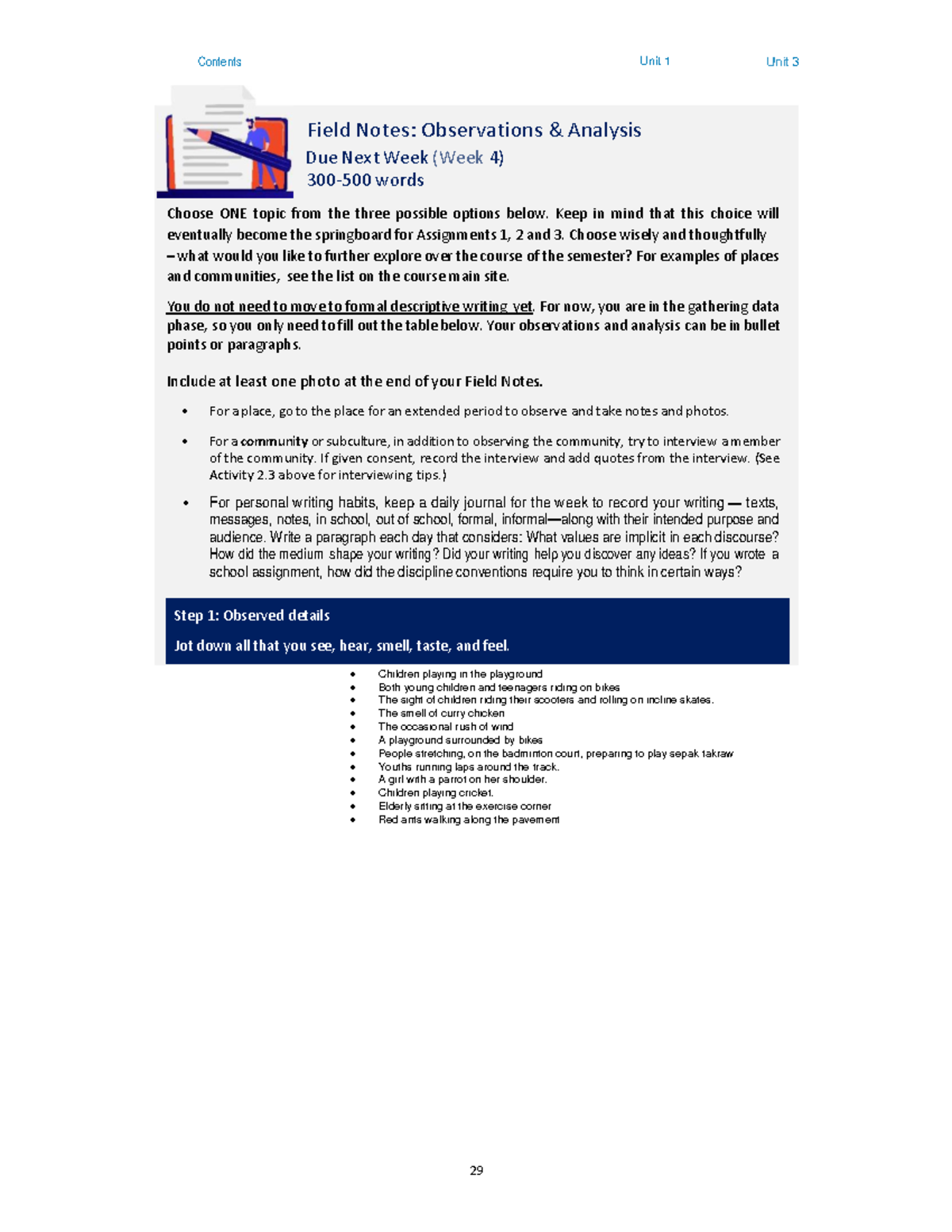 Field Notes: Observations & Analysis for Assignments 1-3 (Week 4) - Studocu