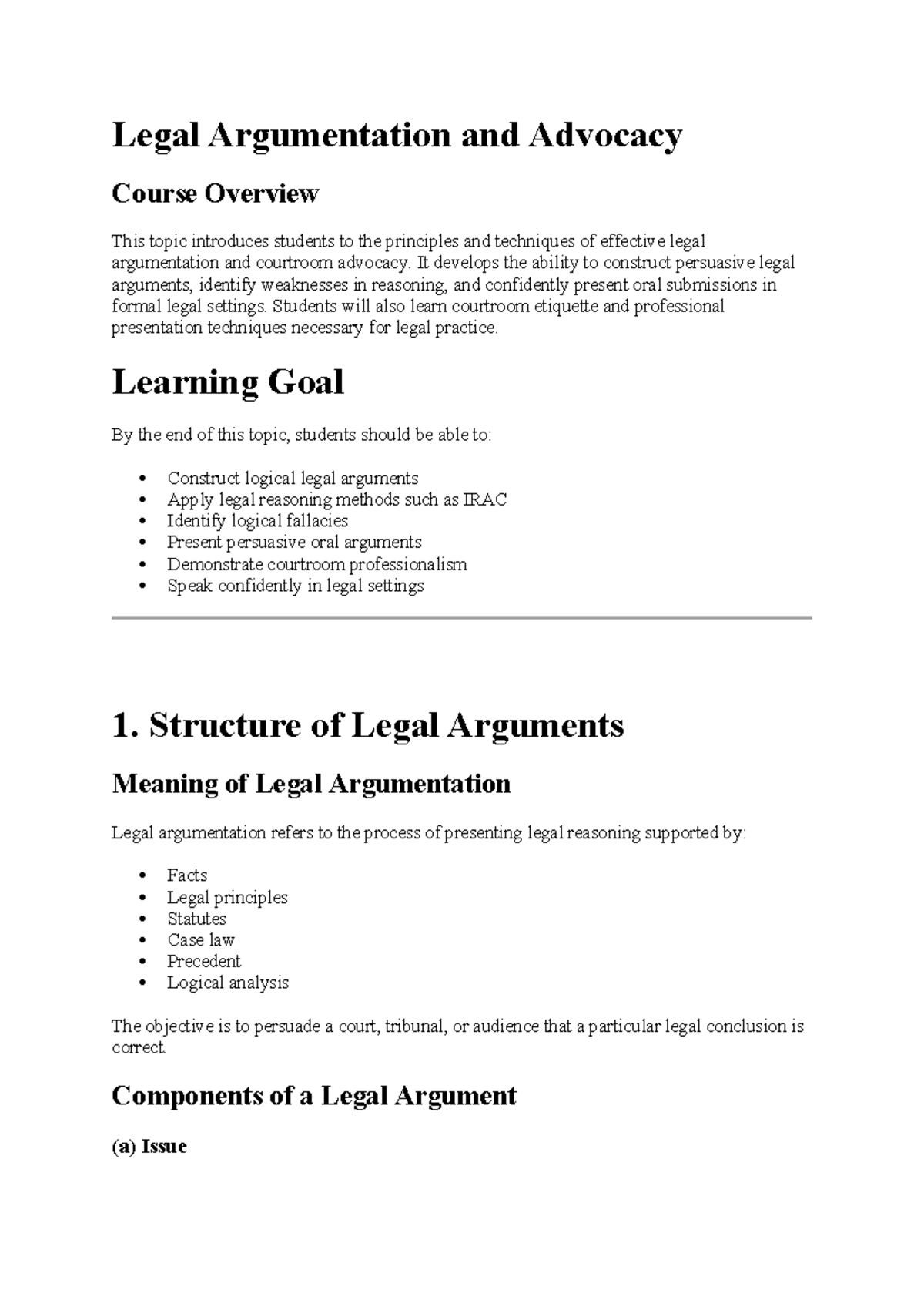 Legal Argumentation and Advocacy Course Overview (LA 101) - Studocu