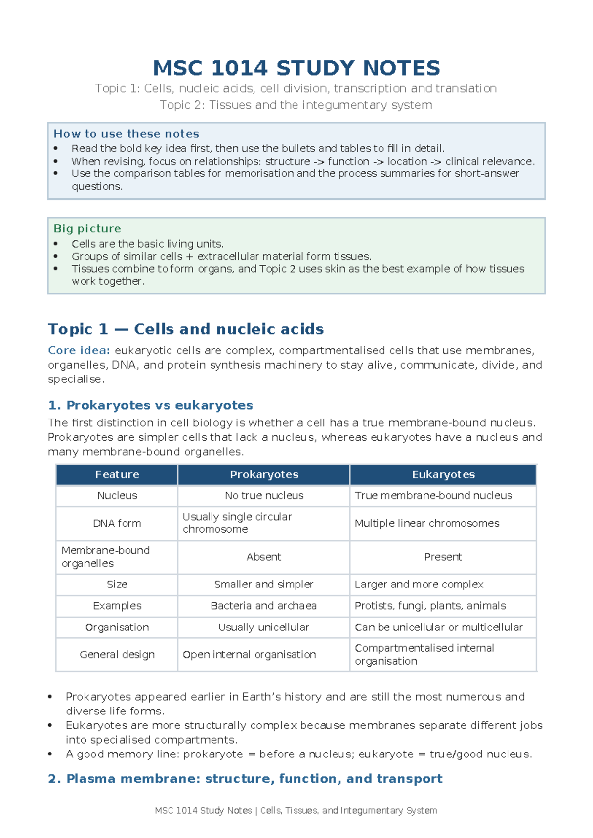 MSC 1014 Full Study Notes: Cells, Tissues, and Integumentary System ...