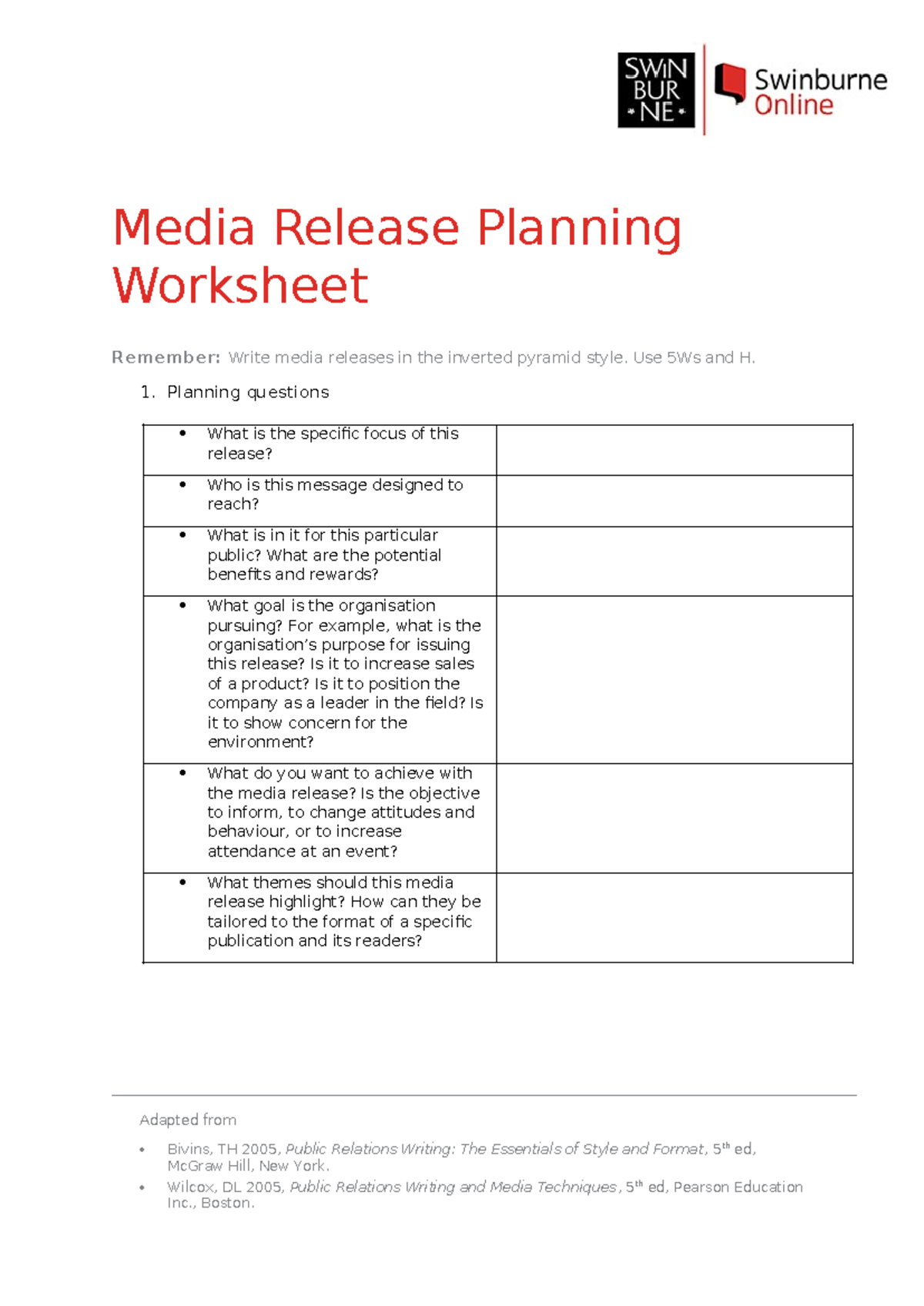 Media Release Planning Worksheet - Media Release Planning Worksheet ...