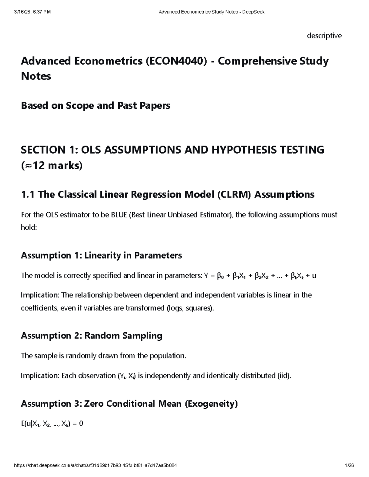 Advanced Econometrics (ECON4040) Comprehensive Study Notes - Studocu