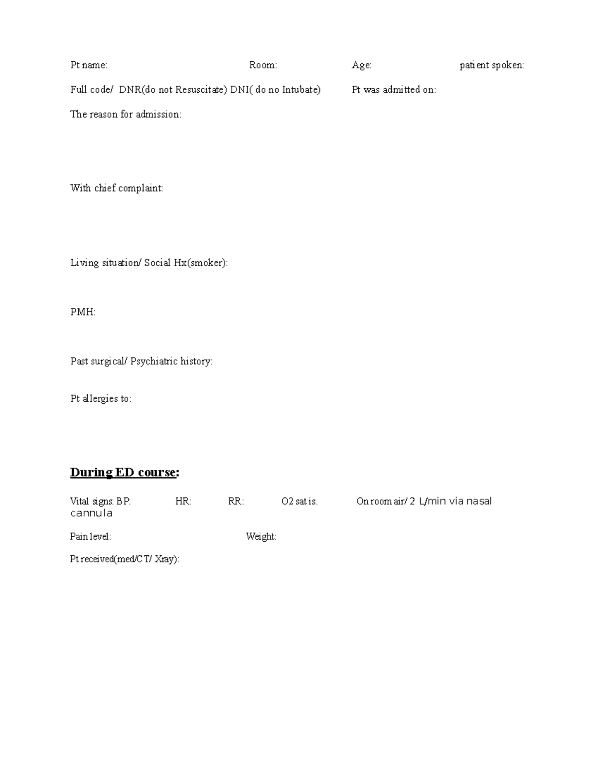 Clinical Prep Sheet for Lecture: Patient Admission Details - Studocu