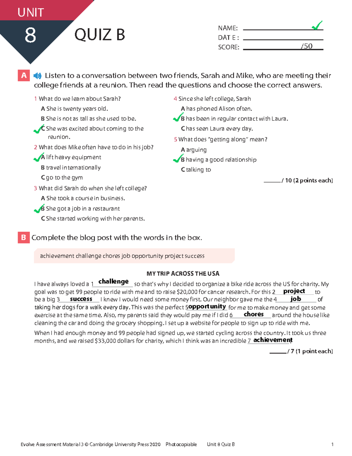 Evolve L3 Unit 8 Quiz B - Listening & Grammar Activities - Document Preview