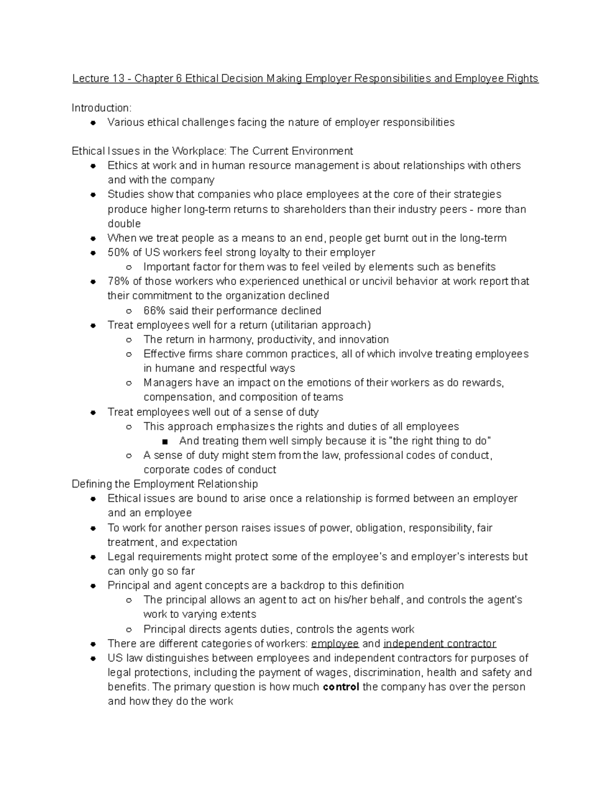 Lecture notes - Lecture 13 - Chapter 6 Ethical Decision Making Employer ...