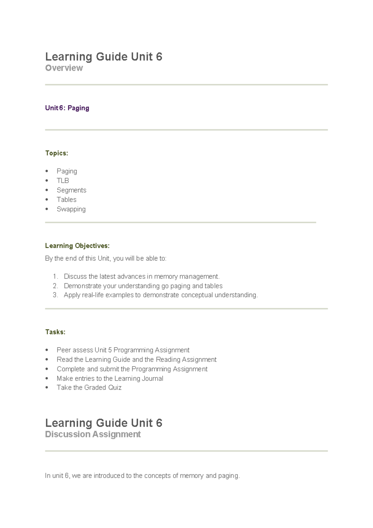 Learning Guide Unit 6: Overview of Paging and Memory Management - Studocu