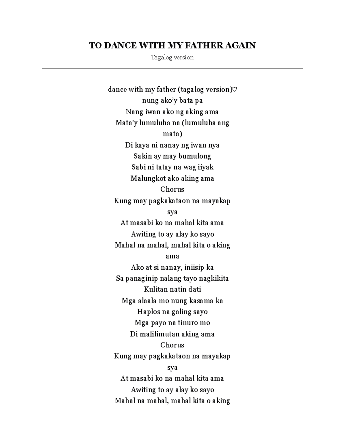 Dance with My Father Again (Tagalog Version) Lyrics - Studocu