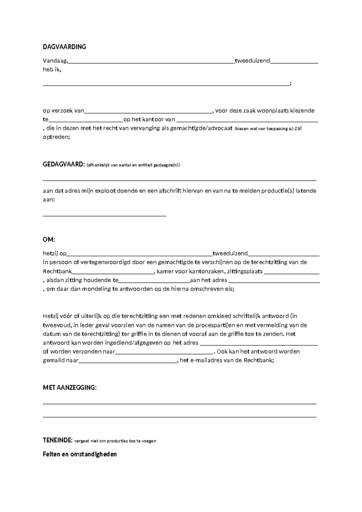 Model Dagvaarding - Juridisch Document voor Rechtbankzaken - Studeersnel