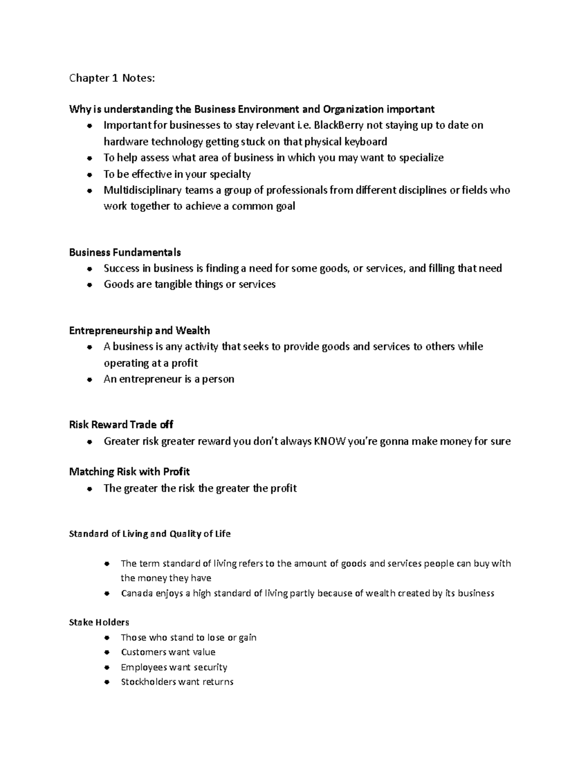 BUS 101: Chapter 1 Notes on Business Environment and Fundamentals - Studocu