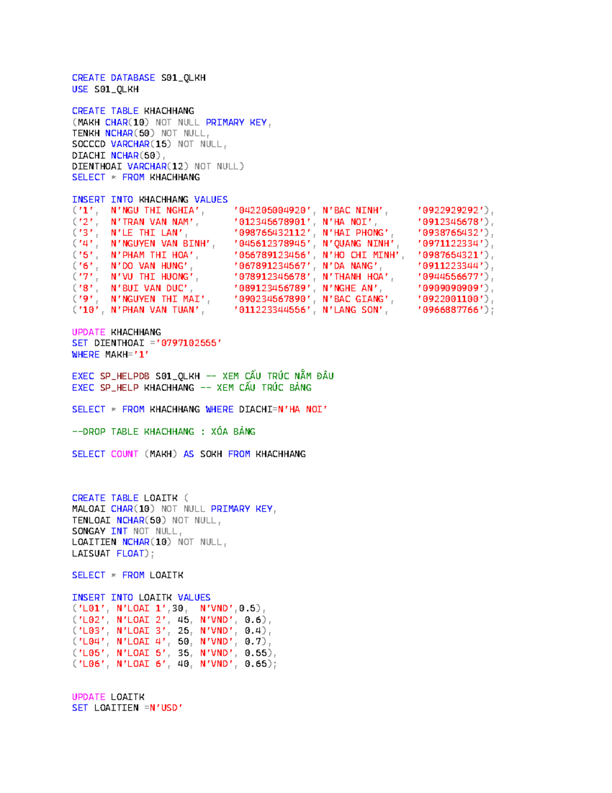 Database Creation and Management in S01_QLKH - Studocu