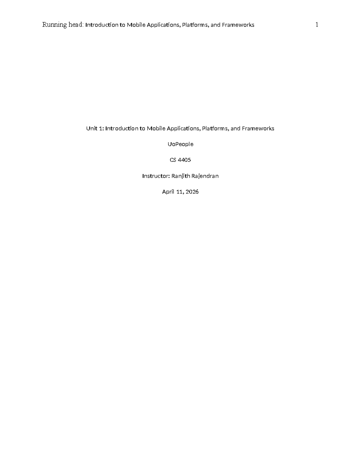 CS 4405 - Unit 1: Intro to Mobile Apps, Platforms & Frameworks - Studocu