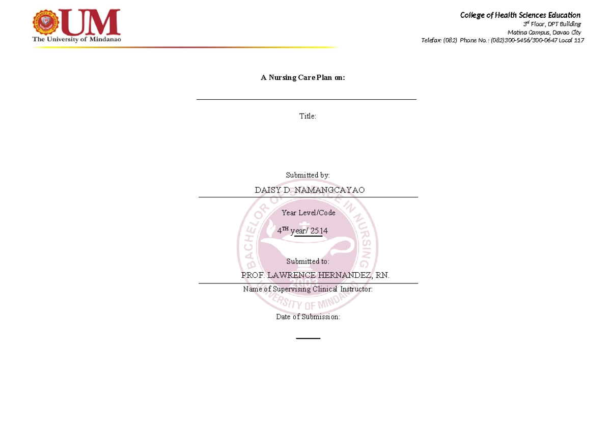 NCP - Nursing Care Plan for Patient T.S. - Year 4TH 2514 - Studocu