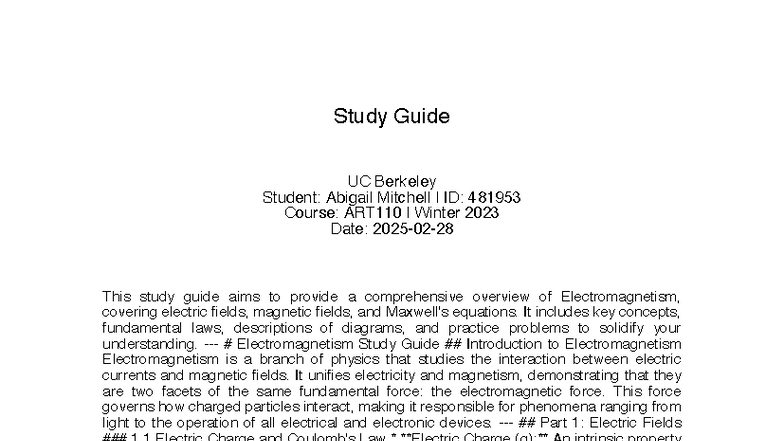 ART110 Winter 2023 Electromagnetism Study Guide - Studocu
