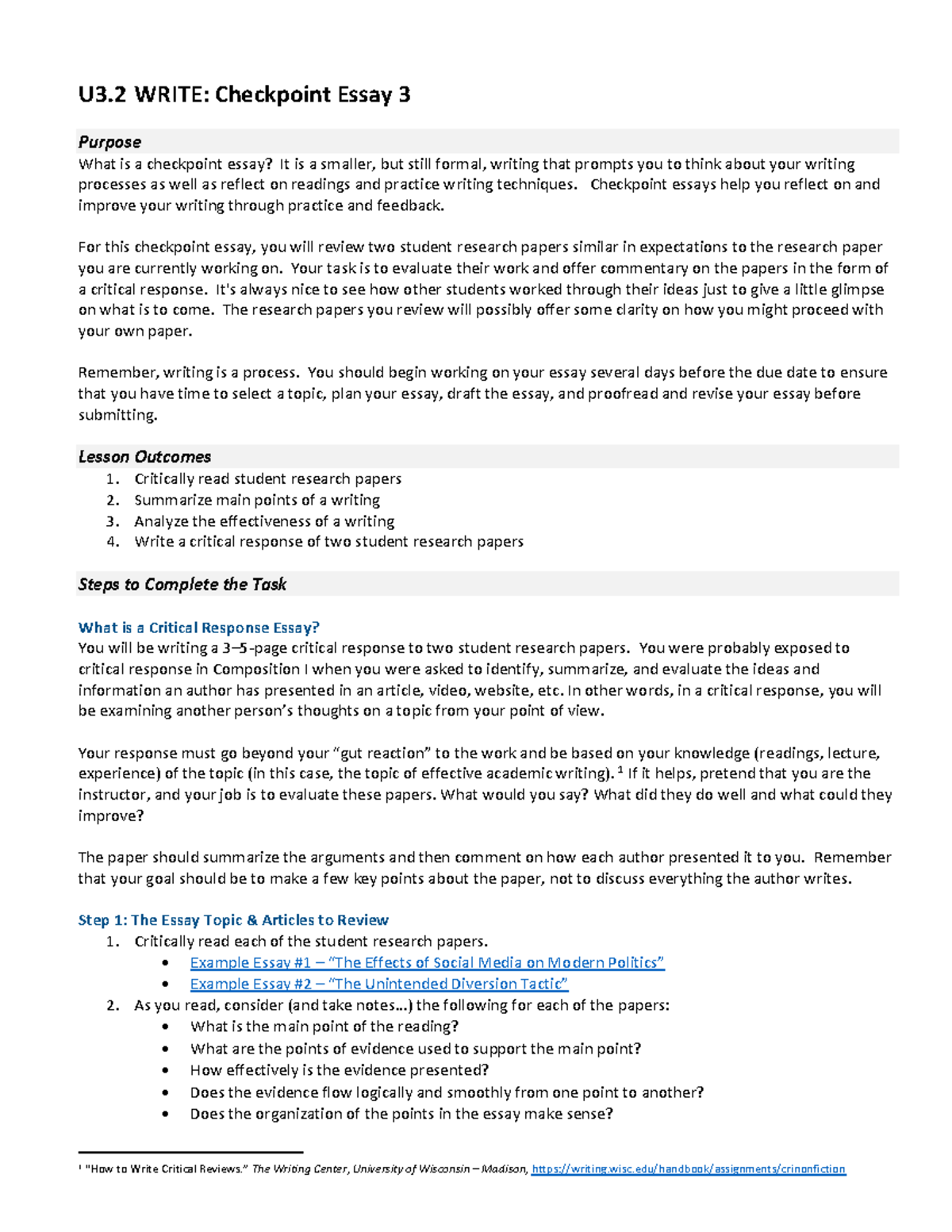 U3.2 Checkpoint Essay 3 - Critical Response Writing Guide - Studocu